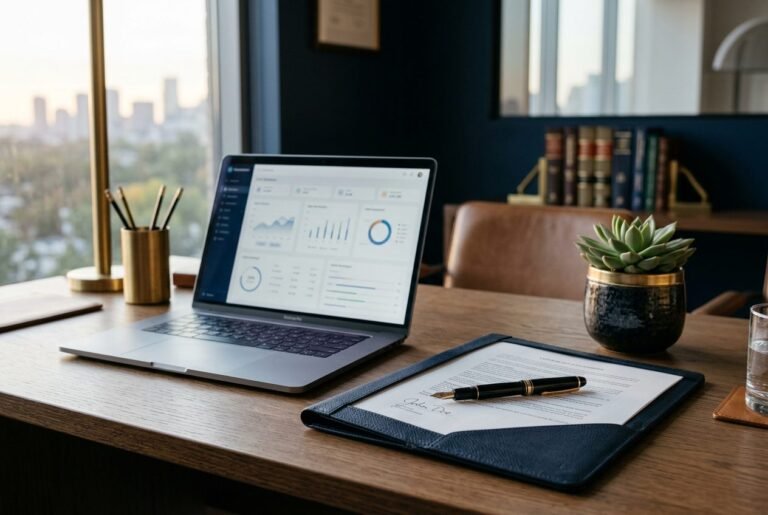 A tidy office desk with a laptop showing simple charts, a signed document in a leather folder and a small plant by the window