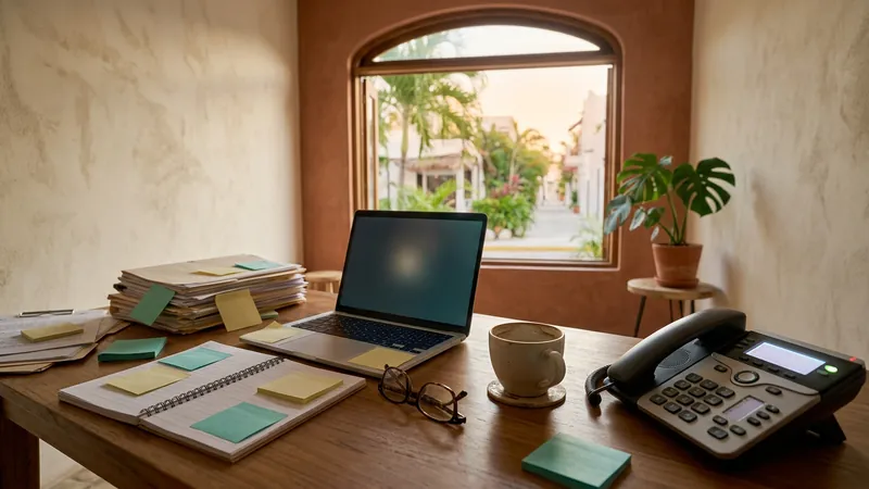 A busy desk at sunset with piles of paperwork, sticky notes, a desk phone, an open laptop and a half-finished cup of coffee