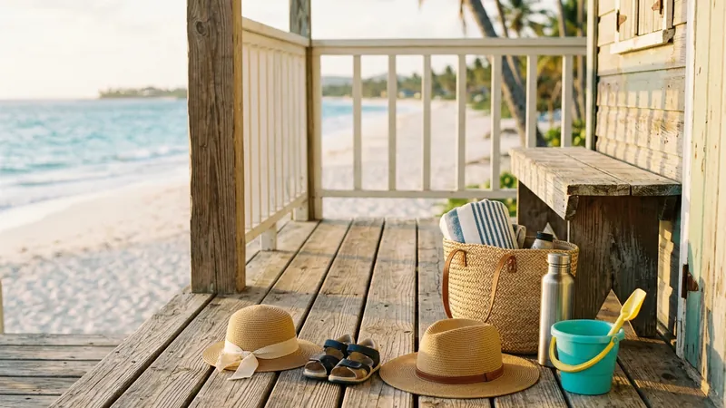 Sun hats, children's sandals, a beach bag and a bucket and spade on a porch above a Caribbean beach
