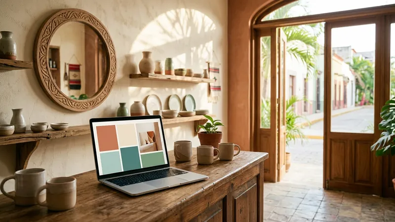 An open laptop showing a simple shop website on the wooden counter of a small ceramics and gift shop, its door open to a sunny street