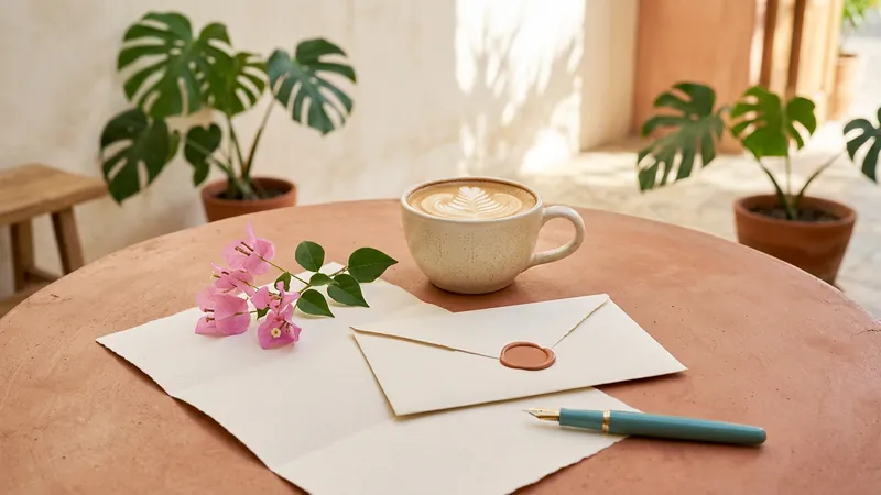 A cup of coffee, a sealed envelope, plain paper, a teal fountain pen and a sprig of pink bougainvillea on a sunny terracotta table