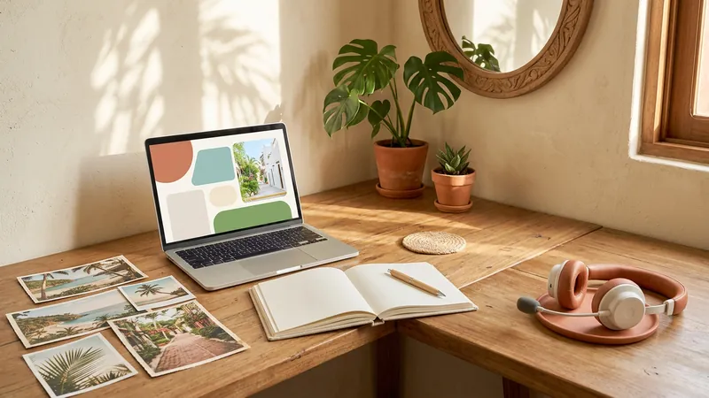 A laptop showing a website, a headset for teaching online, an open notebook and printed beach travel photos on a wooden desk