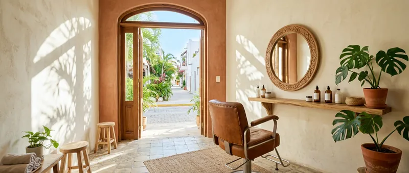 A bright, empty little hair salon in the morning: one styling chair facing a round mirror, plants and an open door to the street