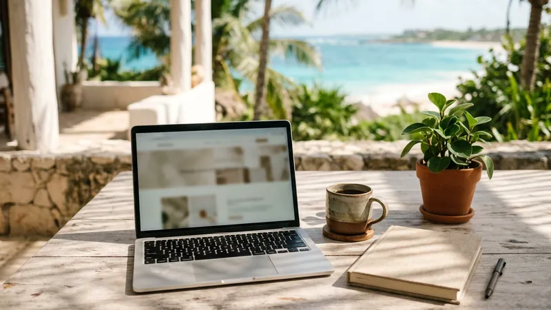 A laptop, a cup of coffee and a notebook on a shaded terrace table, with the Caribbean sea softly behind